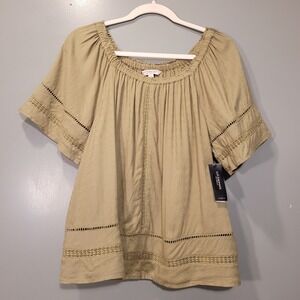 NWT, Liverpool LA Boho Peasant Blouse Short Sleeves, Women's Size M, Green